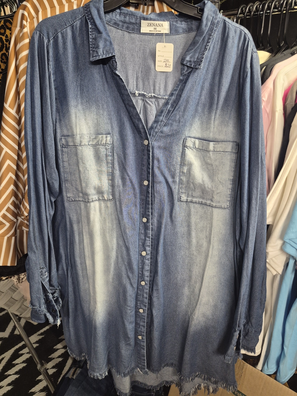 Zenana Outfitters Womwn's Washed Blue Denim Button-Up Shirt